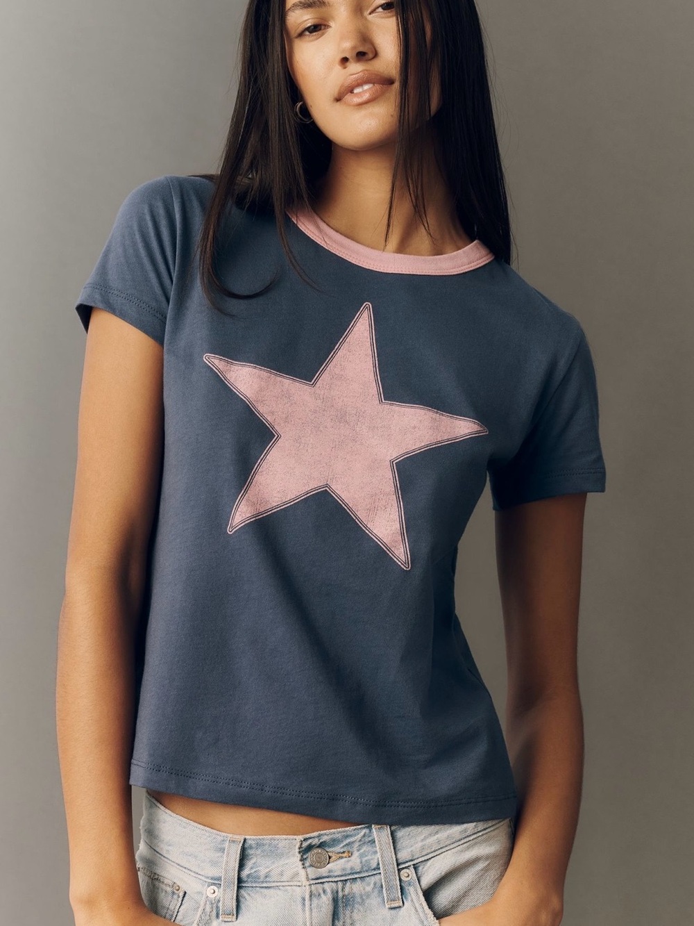 LETLUV Navy Blue Short Sleeve Tee with Pink Star NWOT